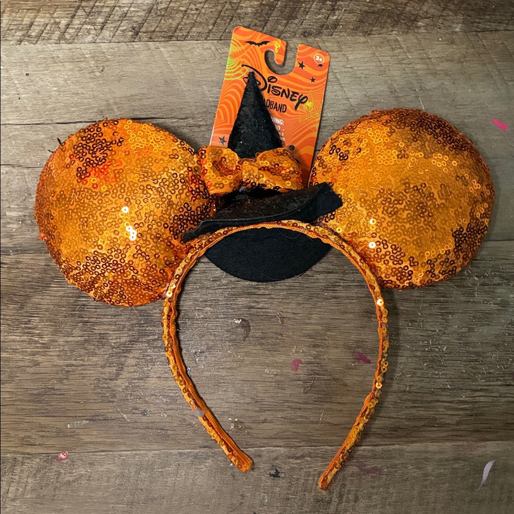 New Disney Vibrant Orange Sequin Minnie Ears spooky Halloween